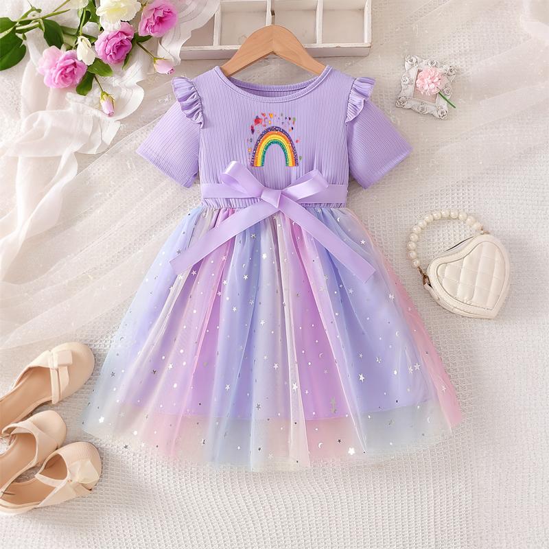 Girls Star Tulle Dress,Sparkling Rainbow and Love Print, Cute Princess Party Dress with Bow, Short Sleeve Summer Dress for Little Girls