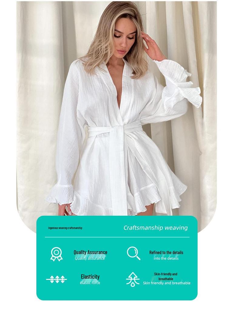 Осенний женский пижамный комплект с оборками, длинными рукавами, халатом из жатого хлопка и шортами