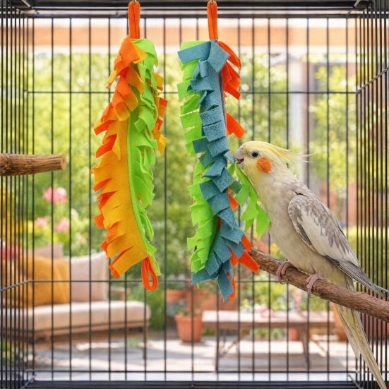 2 Pcs Parrot Chewing Toy with Metal Hanging Ring Colorful Felt Strips Small Animal