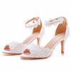 White Lace Pearl Wedding Shoes Women Open Toe High Heels Luxury Sandals Banquet Dress Stiletto