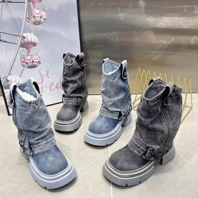 Женские ковбойские ботинки с круглым носком, модные ботинки на толстой подошве с боковой молнией, женские повседневные ботильоны, трендовые классические ковбойские ботинки на платформе