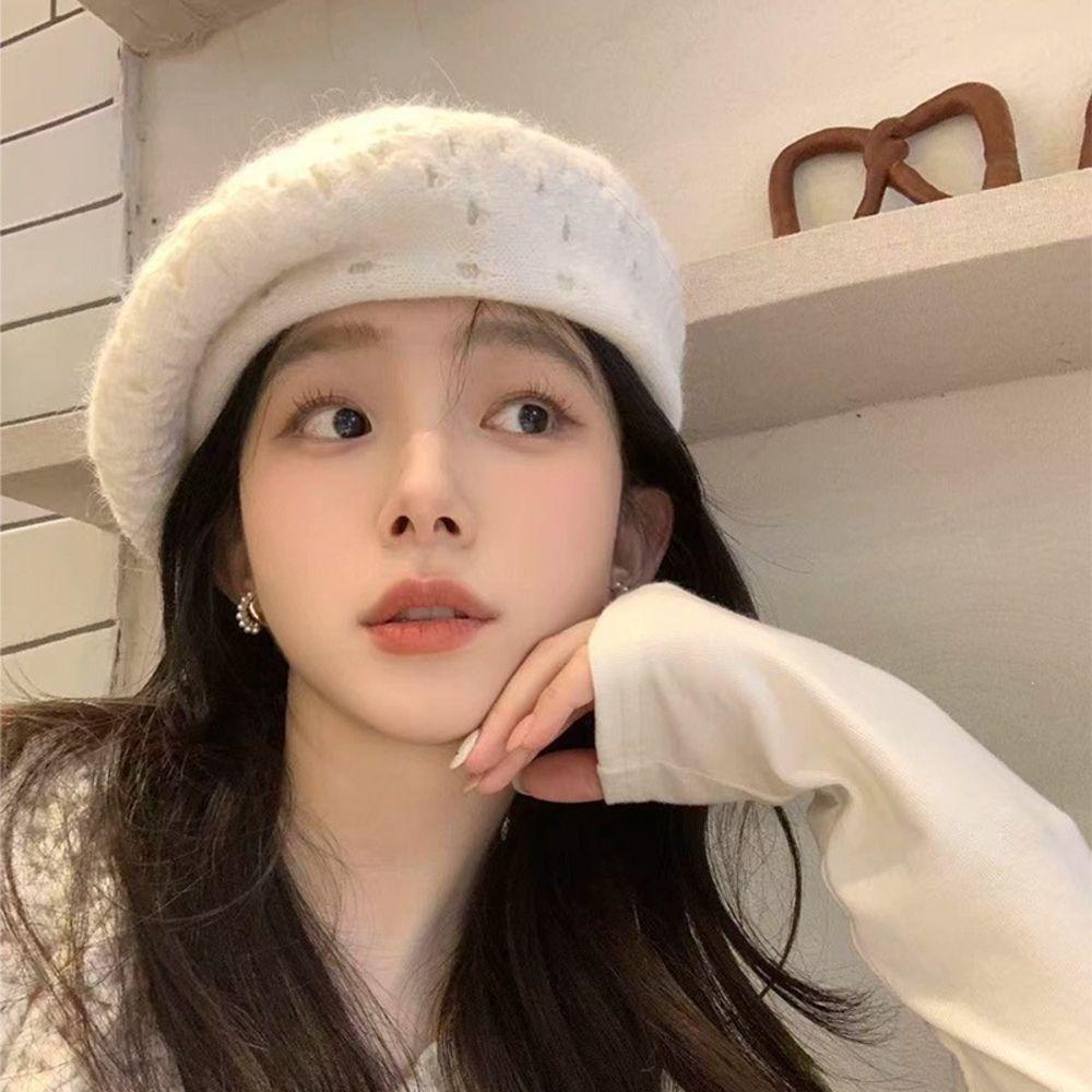 Solid Color Beret Hat Hollow Out Hollow Out Hat Stylish Double Layer Beret Autumn Winter