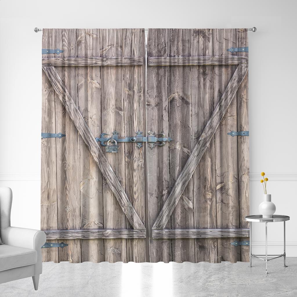 2PC Curtains, Western Cowboy Farm Decorated Wooden Doors With Pole Pocket Curtains, Suitable For Kitchens, Cafes, And Bedroom