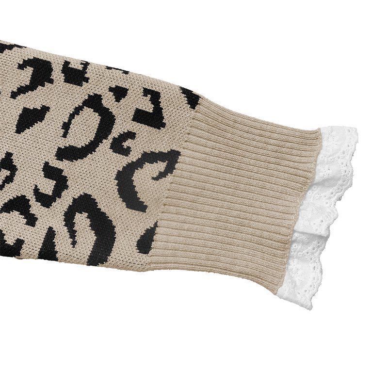 2026 Autumn/Winter Retro Loose Leopard Print Lace Patchwork Knit Sweater for Women