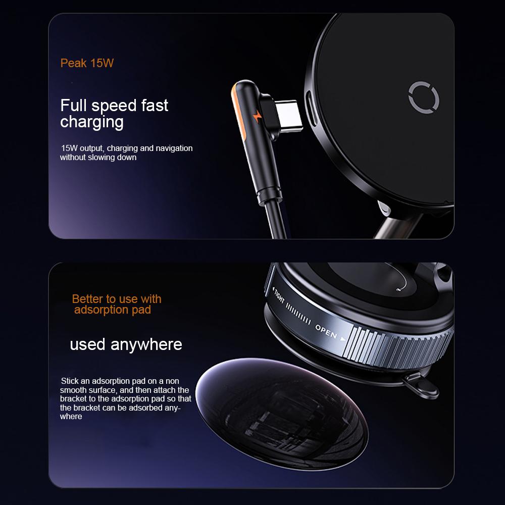 15W Wireless Charger Magnetic Car Phone Holder 360° Rotation Foldable Suction Cup Stand Call Navigation Phone Bracket