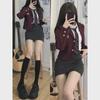 Корейский винно-красный костюм в студенческом стиле: Пиджак, белая узкая юбка и комплект из трех предметов на весну