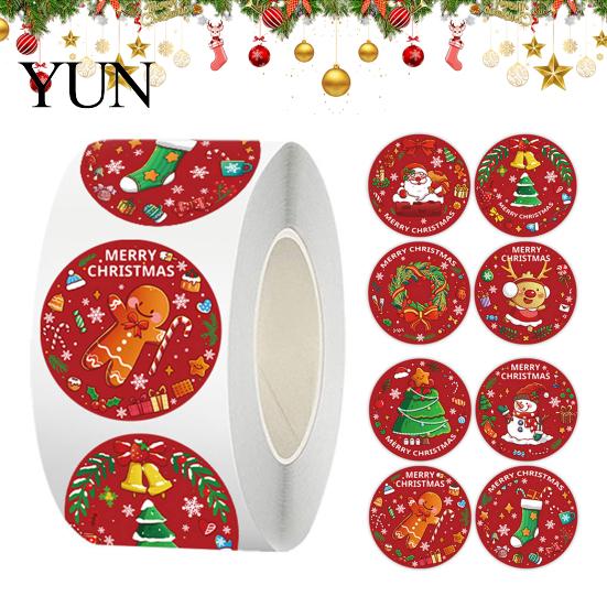 Decorative Adhesive Labels Christmas Roll Stickers, 8 Festive Patterns Print, Round Holiday Envelope Seals Seals, Coated Paper Stickers for
