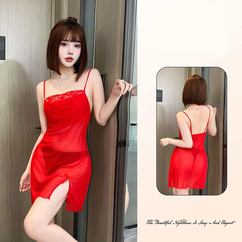 Seductive Lace-Trimmed Plunge Neckline Sexy Slip-On Slit-Front Light Luxury Mesh Nightgown Robe Loungewear Erotic Clothing Sensual Set