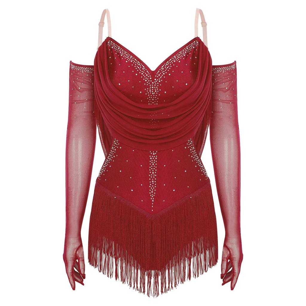 Womens Sparkling Tassel Dancewear Mesh Draped Leotard Rhinestone Fringed Bodysuit Adjustable Strap Gymnastics Outfit