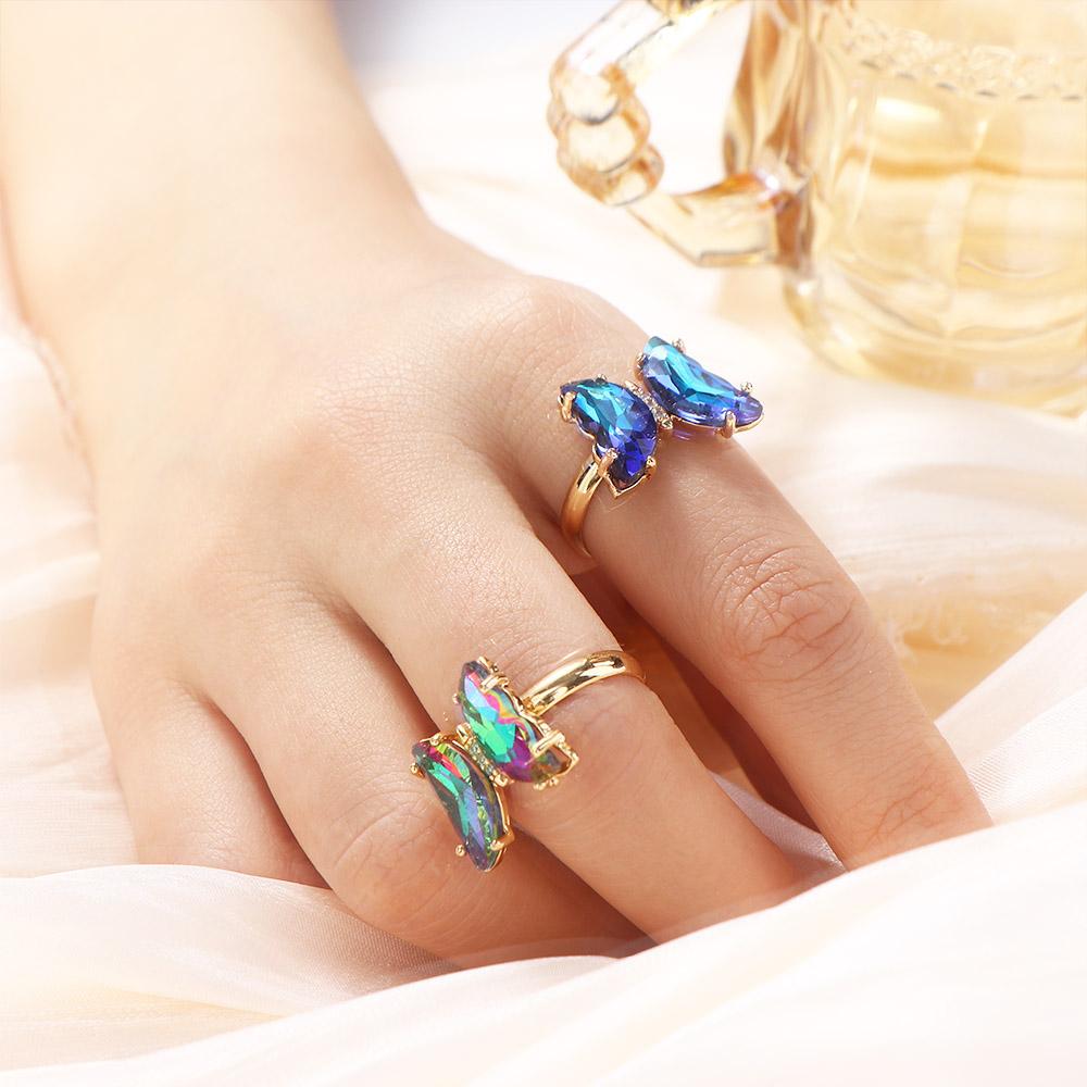 Personality Girls Women Gradient Color Butterfly Open Ring Crystal Finger Rings Fashion Jewelry