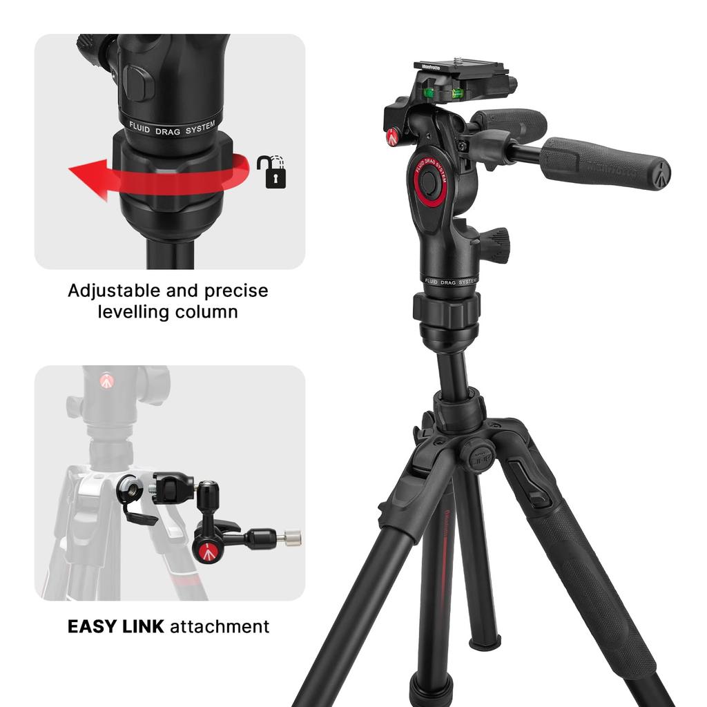 Manfrotto Befree GT PRO Professional Travel Tripod Kit with Fluid Head Leveling Column for Aluminum Screw DSLR Mirrorless Camera Accessories 3-Way