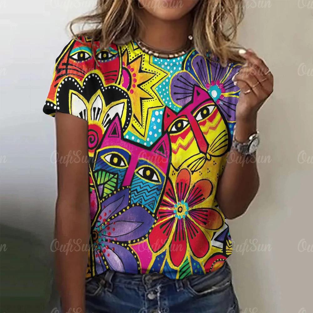 2025 Летняя женская футболка с рисунком милого кота, топы, футболки, женская модная одежда с коротким рукавом, повседневный стильный наряд