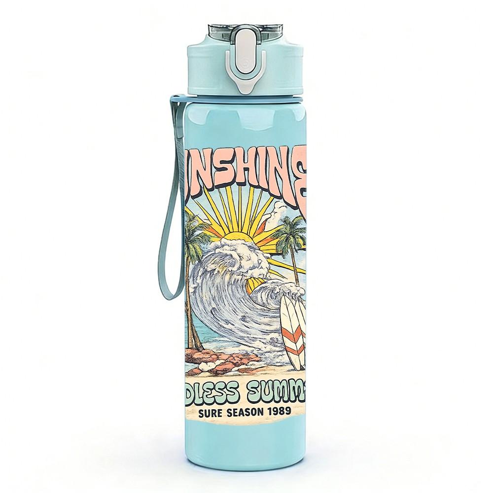1PC Beach Wave Retro Poster Print 750ml Color Plastic Sports Water Bottle Leakproof Flip Straw Lid Suitable for Sports Office Home Use