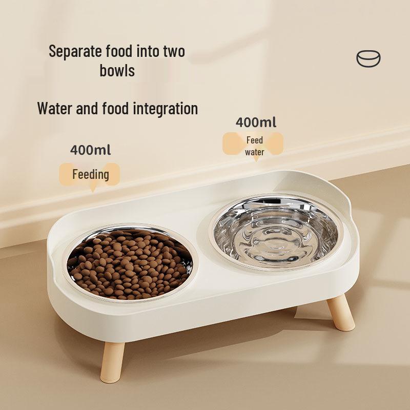 Cross-Border Stainless Steel & Ceramic Dual Cat & Dog Bowl: Anti-Tip, Splash-Proof, Neck Protection Design for Food & Water.