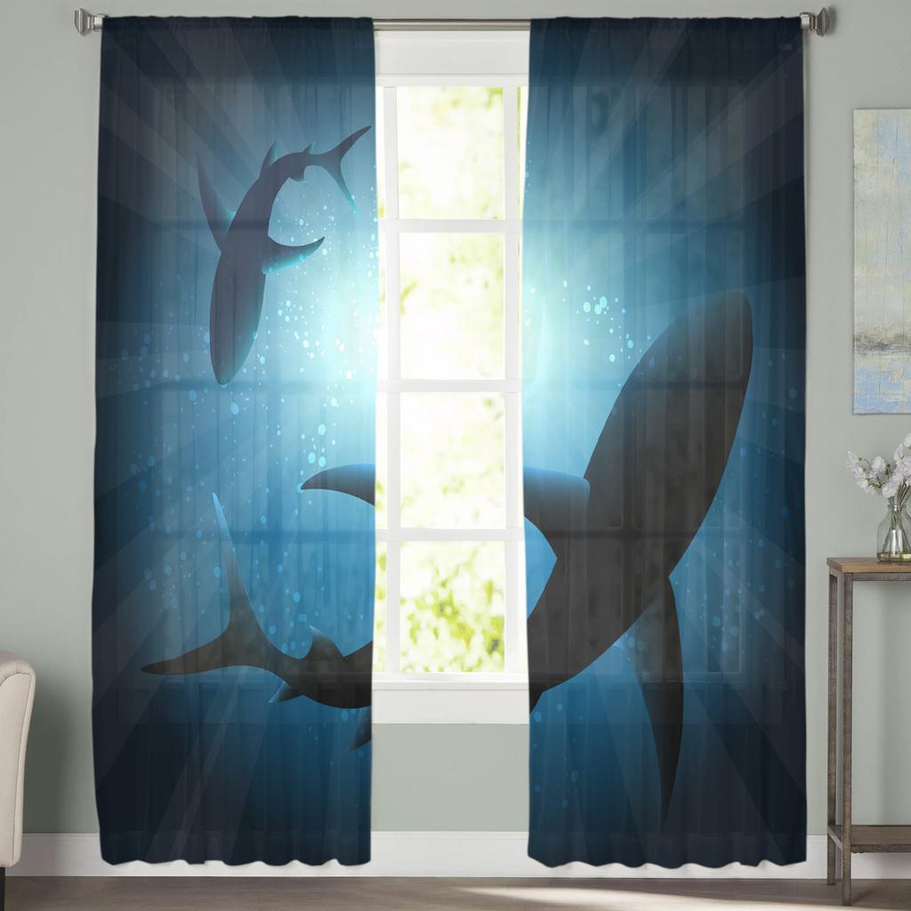 Shark Silhouette In Sun Rays Sheer Curtains Living Room Window Tulle Curtains For Bedroom Kitchen Home Decoration Voile Drapes
