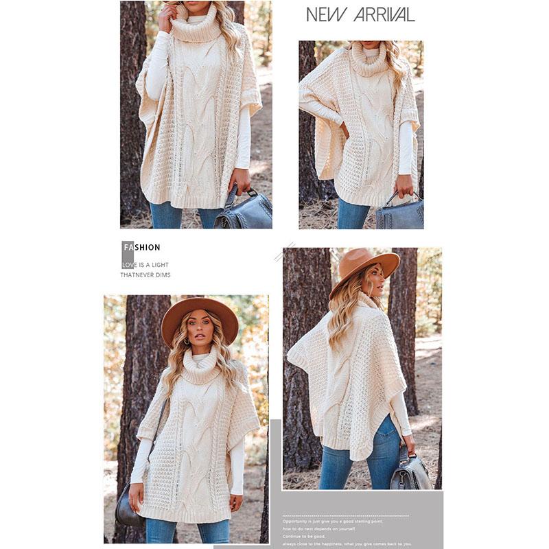 High Neck Knitted Shawl Crochet Fried Dough Twists Pattern Women's Loose Pullover Half Sleeved Sweater Casual Thick Warm Knitwear Autumn and Winter