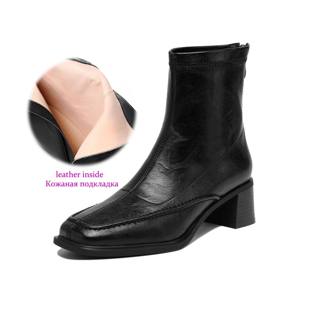 Krazing Pot Микрофибра Квадратный Носок Толстый Каблук Ботильоны Челси Размер 42 Молния Женские Плиссированная Отделка Эластичные Ботильоны