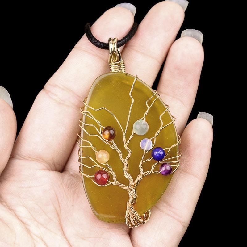 Natural Agate Stone Life of Tree Pendant Necklace Rough Wire Winding Pendant Sweater Chain Jewelry Women's for Necklace 7 Chakra