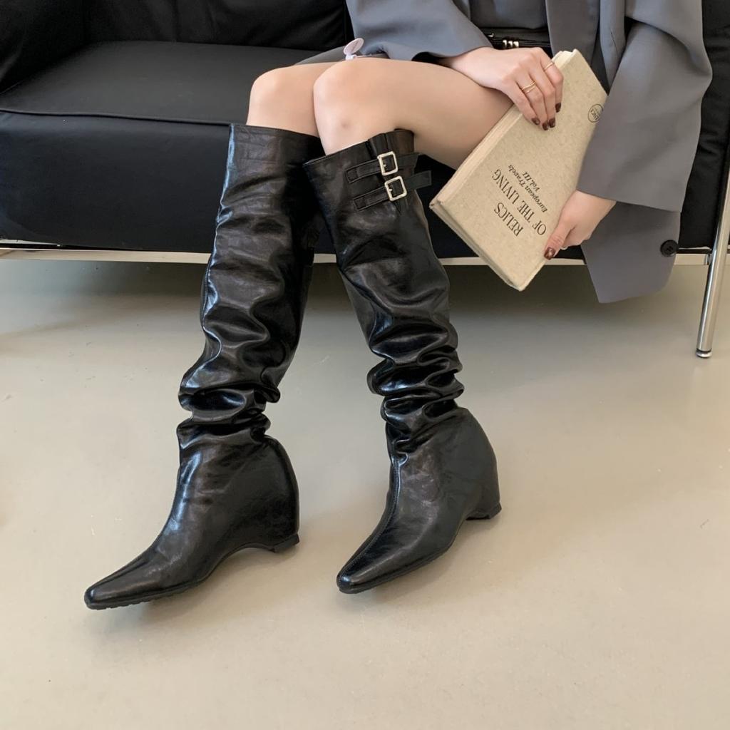 Suede pile boots women's autumn and winter new knee high knight boots inner height increase western cowboy boots