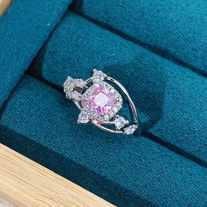 Sweet And Cool Colored Treasure Pink Zir*****Pen Ring Bright Light Luxury High Sense Niche Exquisite Girl Heart Ring