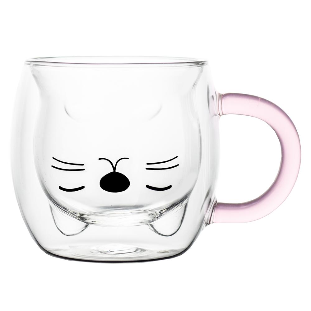 280 мл Кружка для кофе с двойными стенками Креативные чашки с розовым котом Милая стеклянная чашка Вода Молоко Кофе Сок Напитки Бытовые чашки