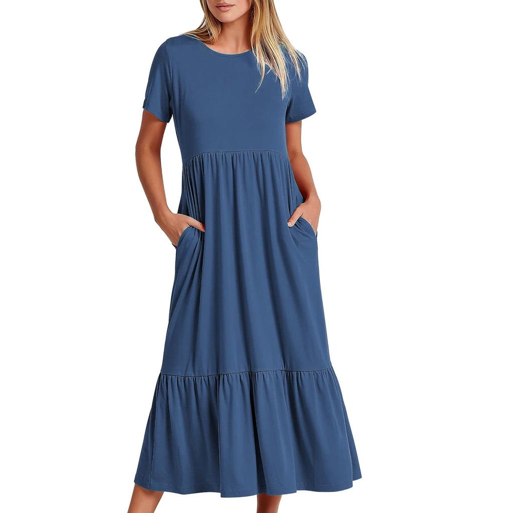 Women's Summer Casual Short Sleeve Crewneck Swing Dress Flowy Tiered Maxi Beach Dress With Pockets
