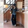 Gray lazy wind pleated off-the-shoulder one-word collar loose solid color long-sleeved T-shirt new Korean version autumn women's top