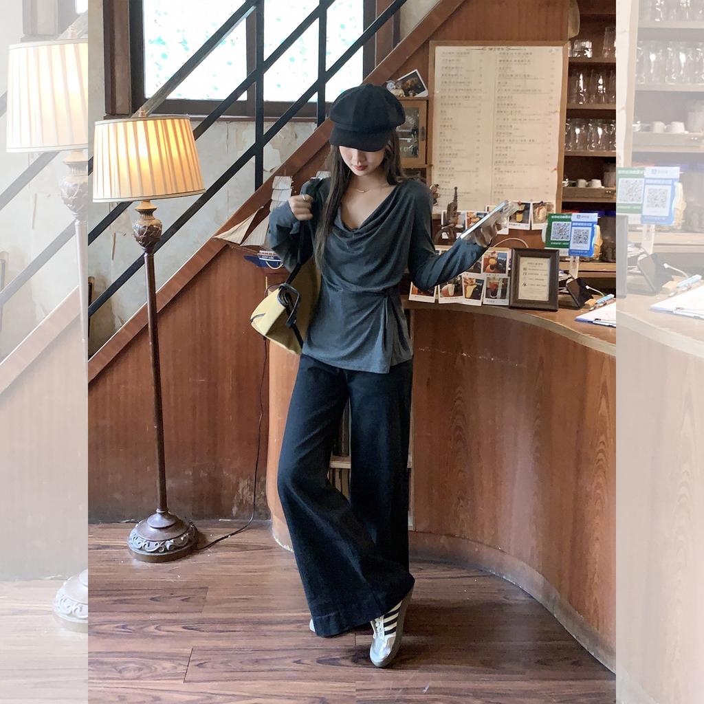 Gray lazy wind pleated off-the-shoulder one-word collar loose solid color long-sleeved T-shirt new Korean version autumn women's top