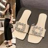 Xiaoxiangfeng Wears Flat-bottomed Slippers for Women's Summer New Rhinestone Square Buckle One Word Cool Slippers Tide