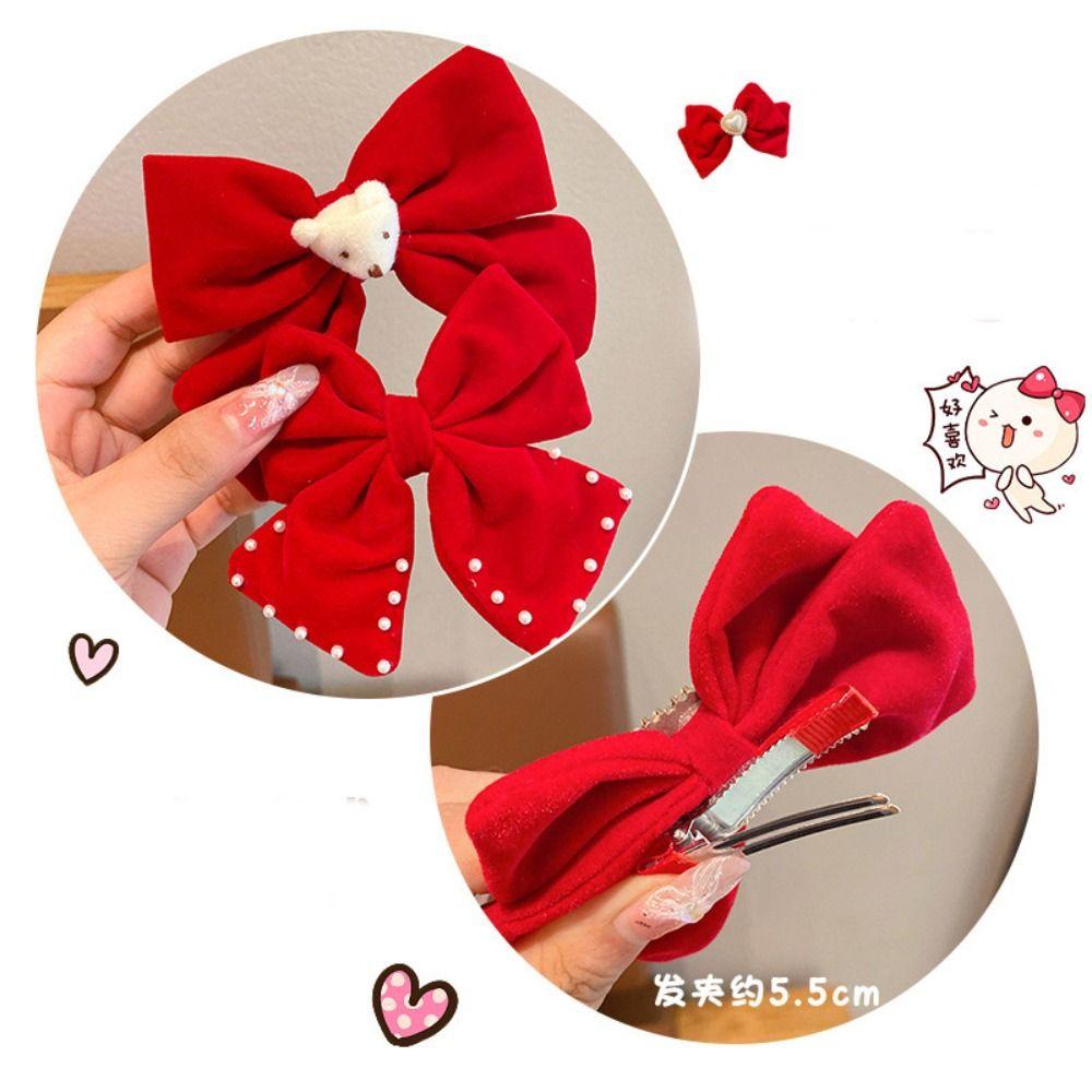 Crown Chinese New Year Headwear Plush Hanfu Hair Sticks Simple Velvet Red Bow Hairpin Girls