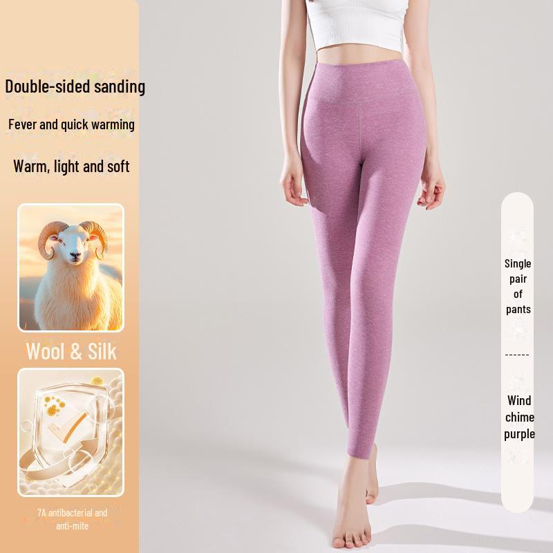 Женские шелковые леггинсы с высокой талией и флисовой подкладкой - Теплые брюки из смеси шерсти на осень/зиму