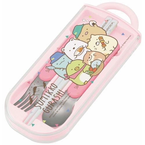 Skater Kids' Ag+ Antibacterial Trio Set: Chopsticks, Spoon, and Fork, Sumikkogurashi Design, Camping, Made in Japan, TACC2AG-A