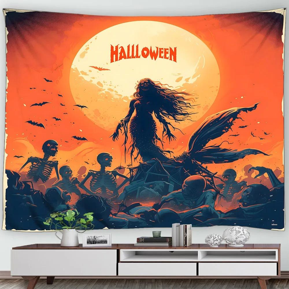 Halloween Decorative Tapestry Mummy Skull Pumpkin Halloween Theme Party Wall Hanging Home Living Room Room Decoration
