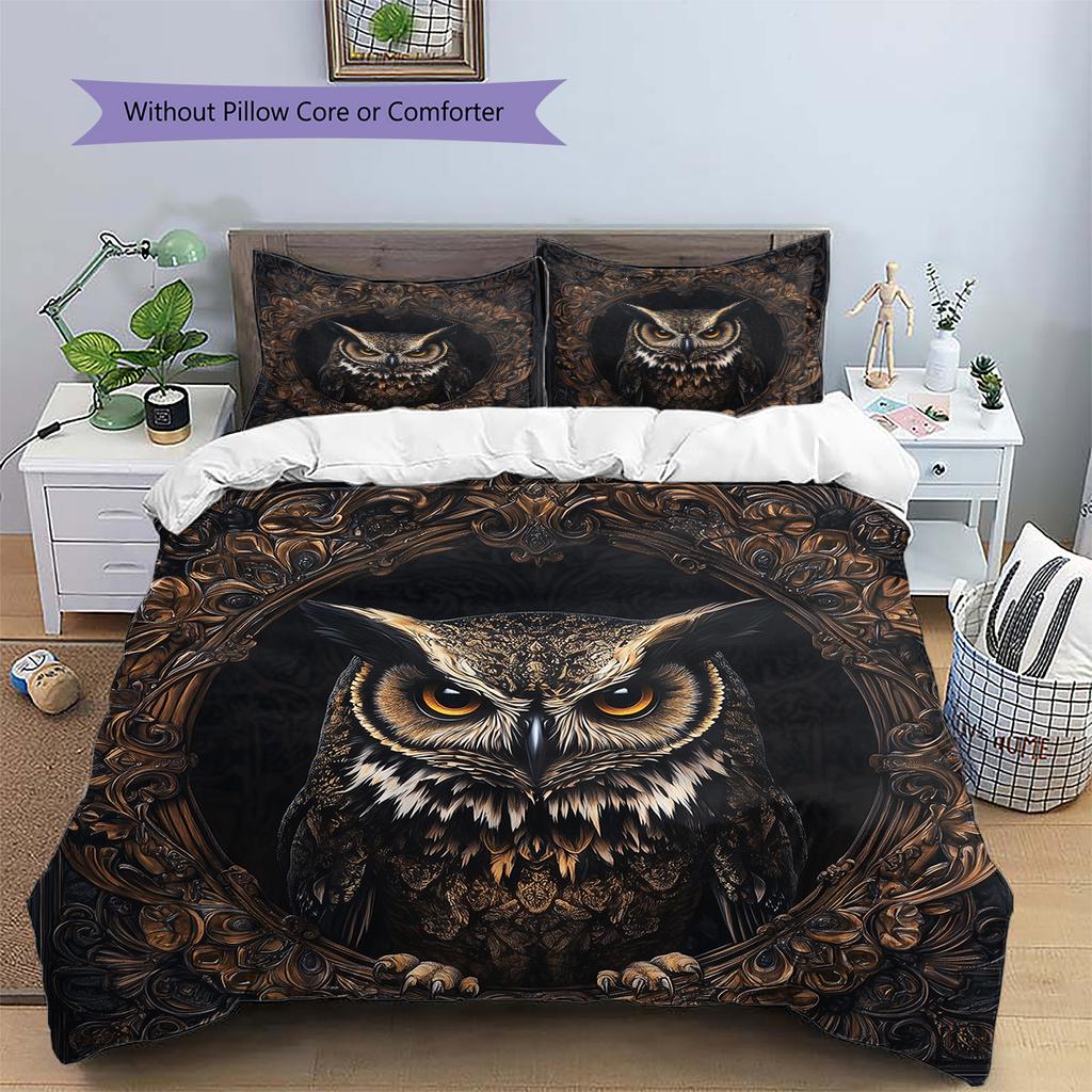 Retro Patterned Owl Pattern Bedding Quilt Set Quilt Cover Pillowcase Home Decoration Gift (1 * duvet cover + 2 * pillowcase, without core)