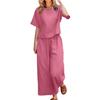 2 Pcs/Set Women Top Pants Set Round Neck Solid Color Short Sleeves T-shirt Adjustable Waist Wide Leg Trousers Casual T-shirt Trousers Set
