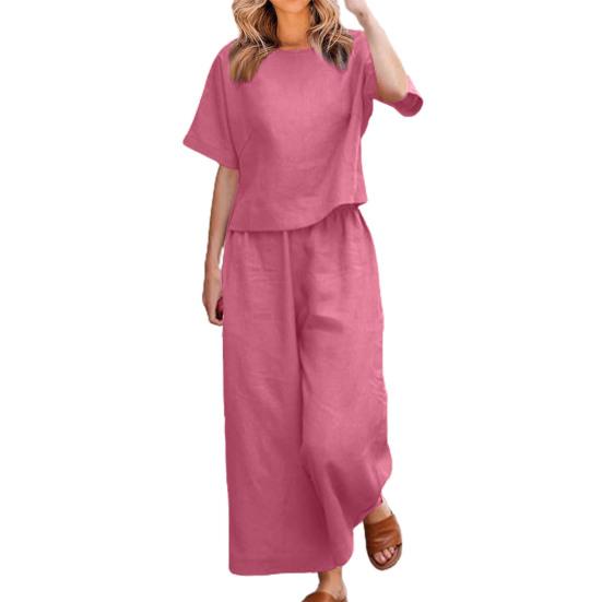 2 Pcs/Set Women Top Pants Set Round Neck Solid Color Short Sleeves T-shirt Adjustable Waist Wide Leg Trousers Casual T-shirt Trousers Set