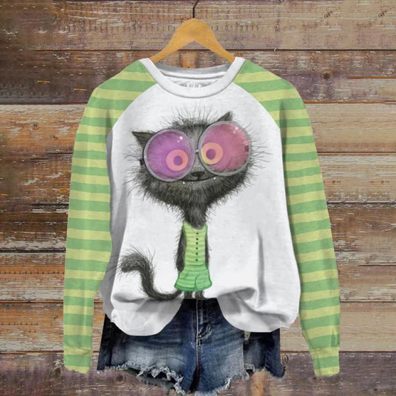 Женские топы с круглым вырезом, забавный милый кот, Повседневная толстовка с принтом Kawaii, пуловер с рисунком животных, женская одежда