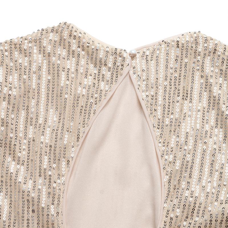 Европейский стиль 2025: Женская элегантная блестящая рубашка для вечеринки с круглым вырезом и открытой спиной