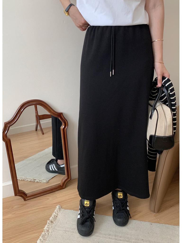 Женская юбка с высокой талией и шнуровкой: Новый стиль весна/осень, повседневное платье А-силуэта с драпировкой, средней длины с разрезом на бедрах.