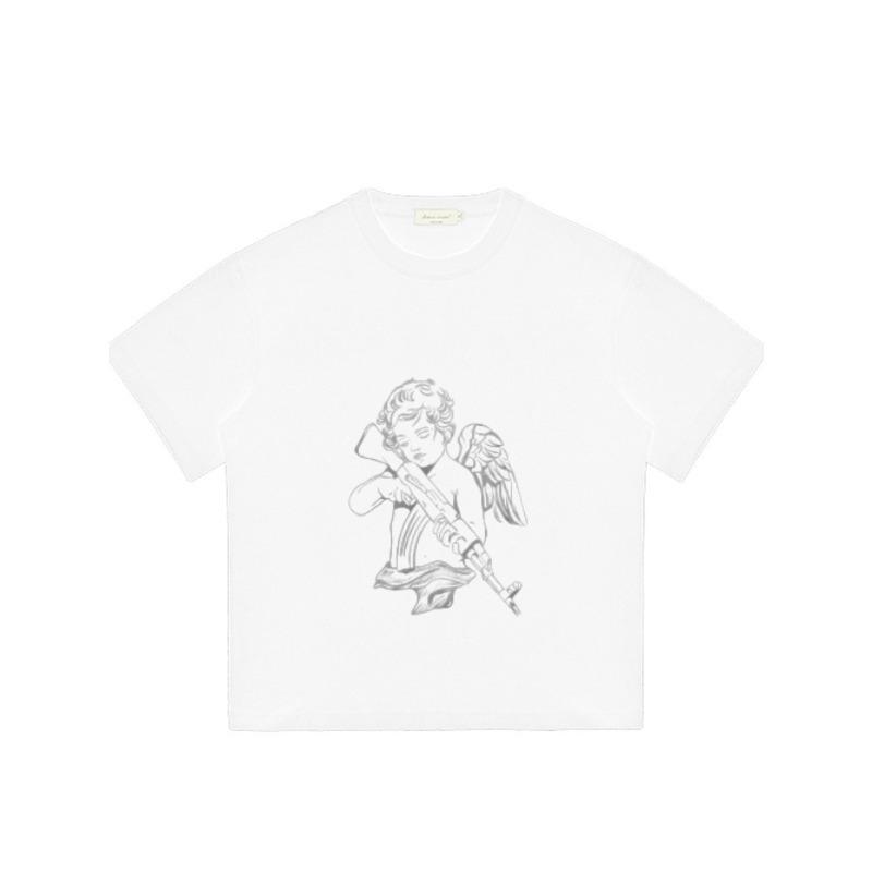 Белая футболка оверсайз с графическим принтом ангела, держащего винтовку, повседневный уличный топ для мужчин и женщин