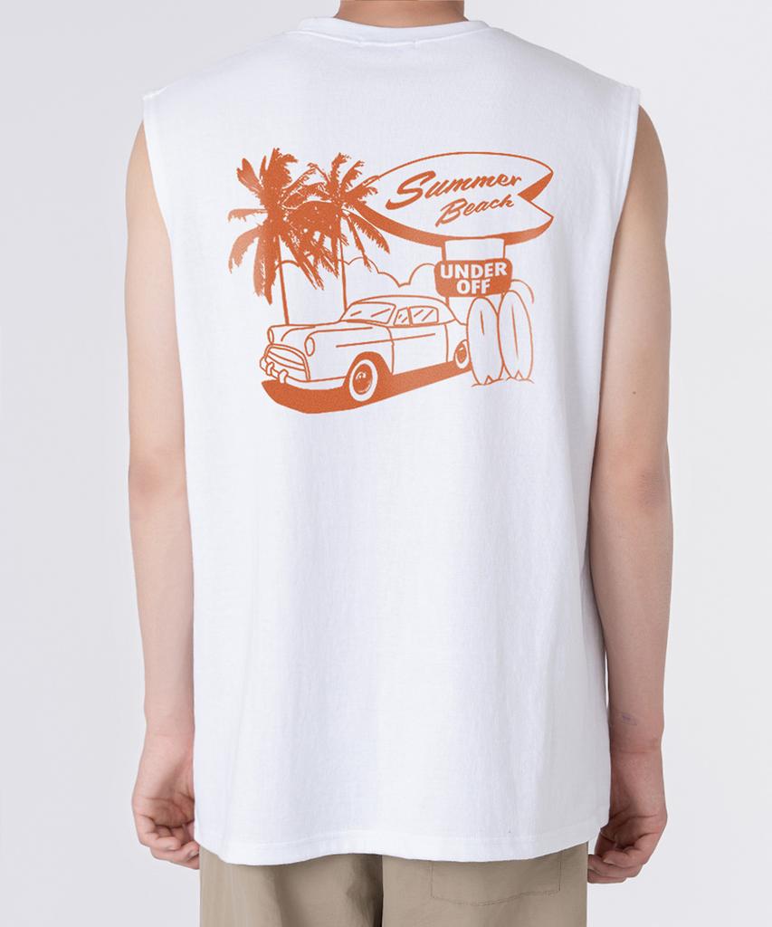 UNDEROFF Oversized Crew Neck Sleeveless Summer Beach T-Shirt White Orange