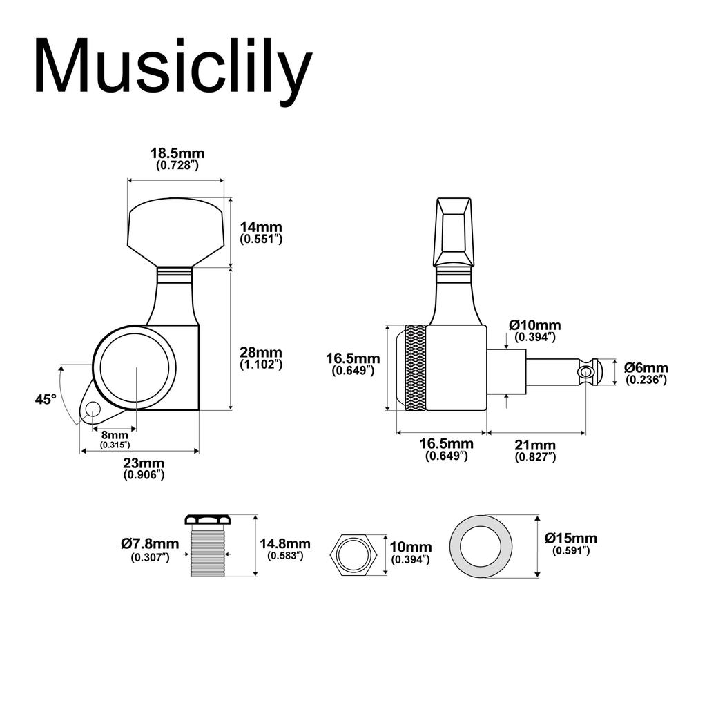 Колки Musiclily Pro с фиксацией, с шестерней, шестигранником и винтами для и электрогитары, черные, левосторонние, 6 штук, передаточное число 18:1, кнопки, 45-градусный Strat,