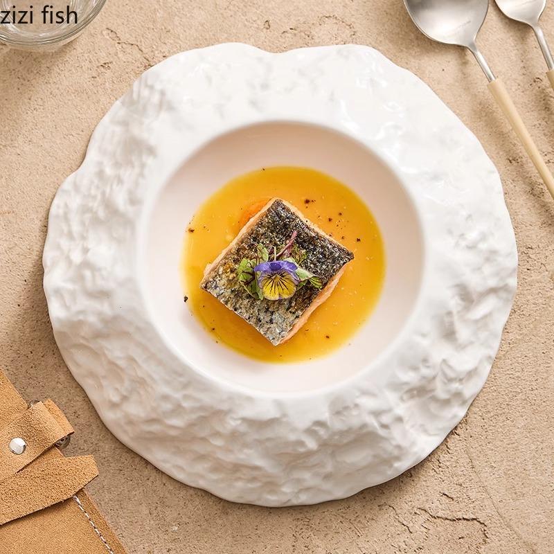 Однотонная нерегулярная керамическая глубокая тарелка с рисунком в виде камня, толстая суповая тарелка, десертная тарелка, специальная посуда для молекулярной кухни