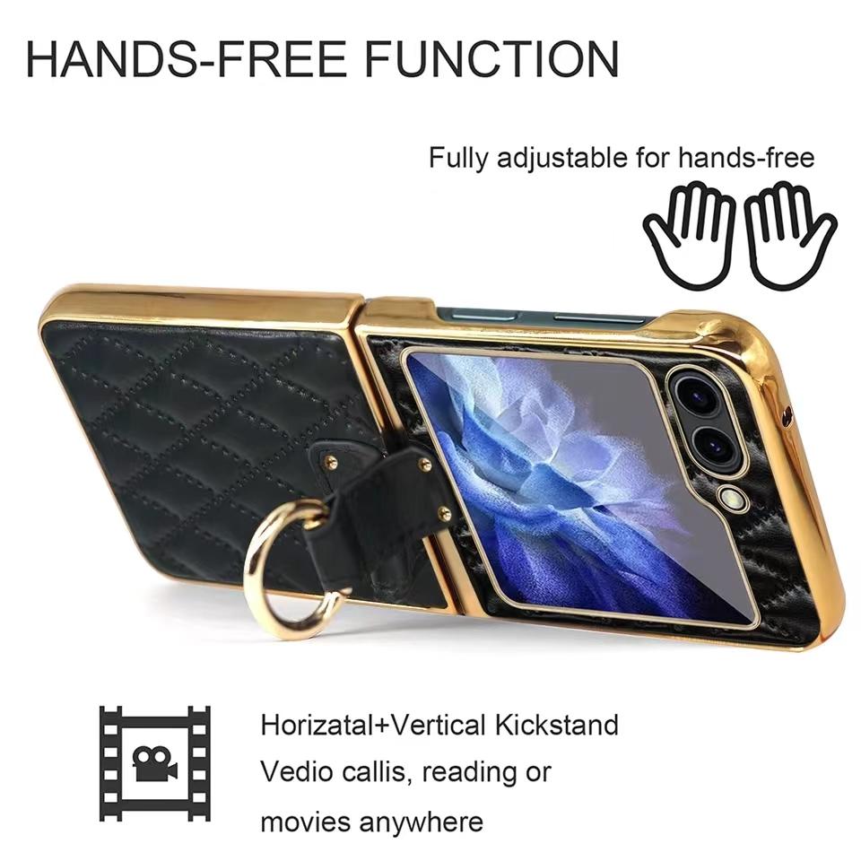 Для Samsung Galaxy Z Flip 6 5 4 ZFlip6 чехол Роскошный ромбовидный кожаный держатель с закаленным стеклом Складной противоударный жесткий чехол