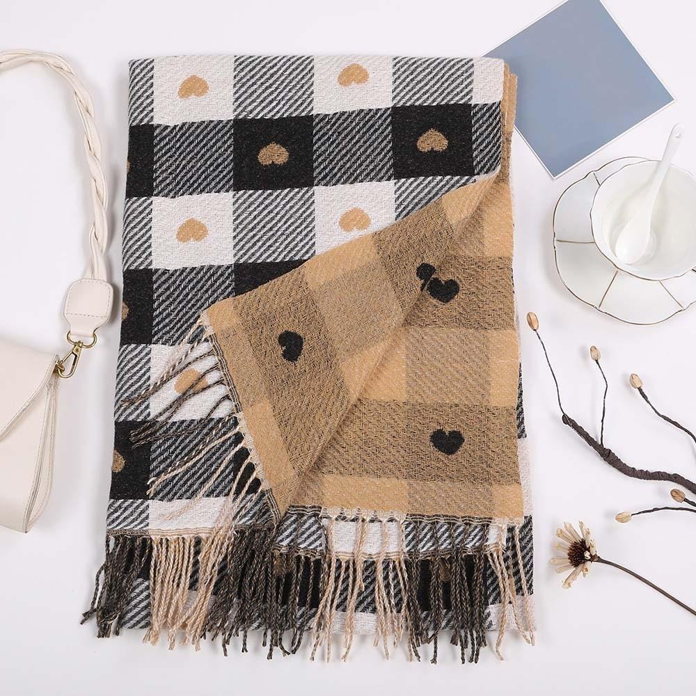 Long Heart Thickened Scarf Acrylic Fibers Tassel Shawl Large Plaid Knitted Scarf Autumn