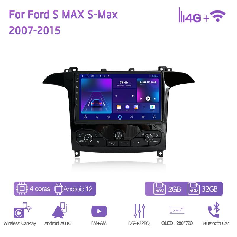 9" Для Ford S MAX S-Max 2007-2015 Автомобильный мультимедийный видеоплеер GPS-навигация Радио Android12 8+128G 8 ядер CarPlay 4G 360 камера