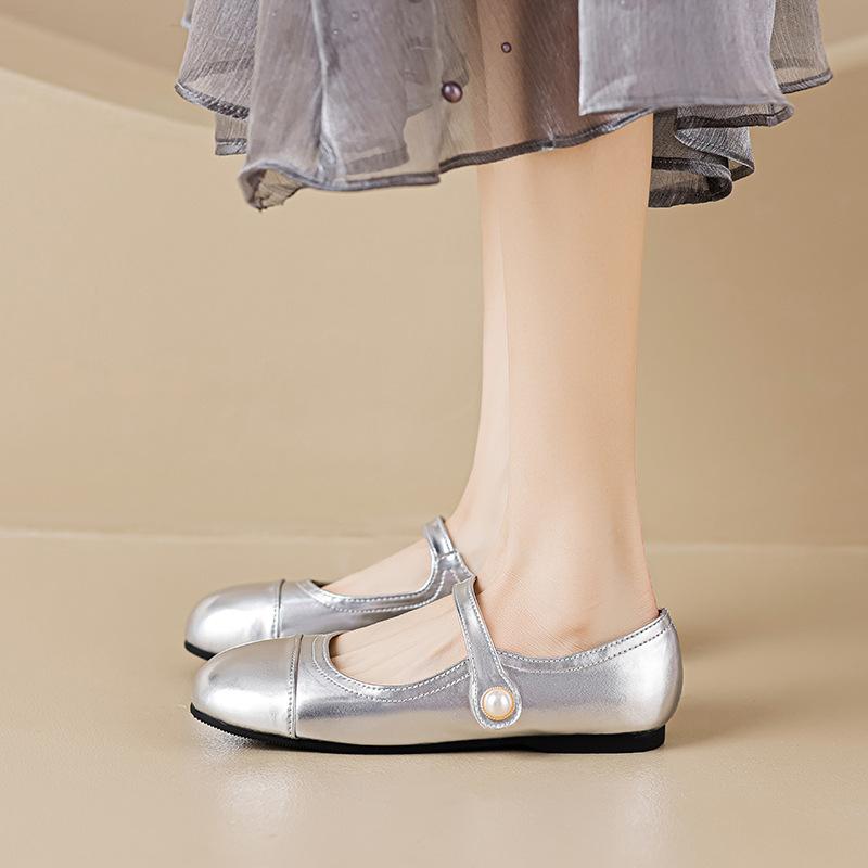 Weiwei Girl 128-3 Французские туфли Мэри Джейн женские на плоской подошве Серебряные туфли One Word со светлым жемчужным узором Мягкая подошва Одиночные туфли женские