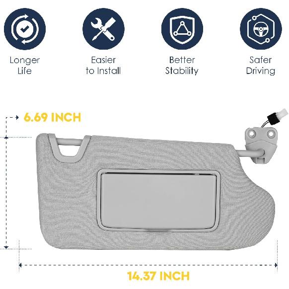 Right Passenger Side Sun Visor With Light For Nissan Altima 2013 2014 2015 2016 2017 2018, Without Sunroof Replaces 96400-3TA2A Gray