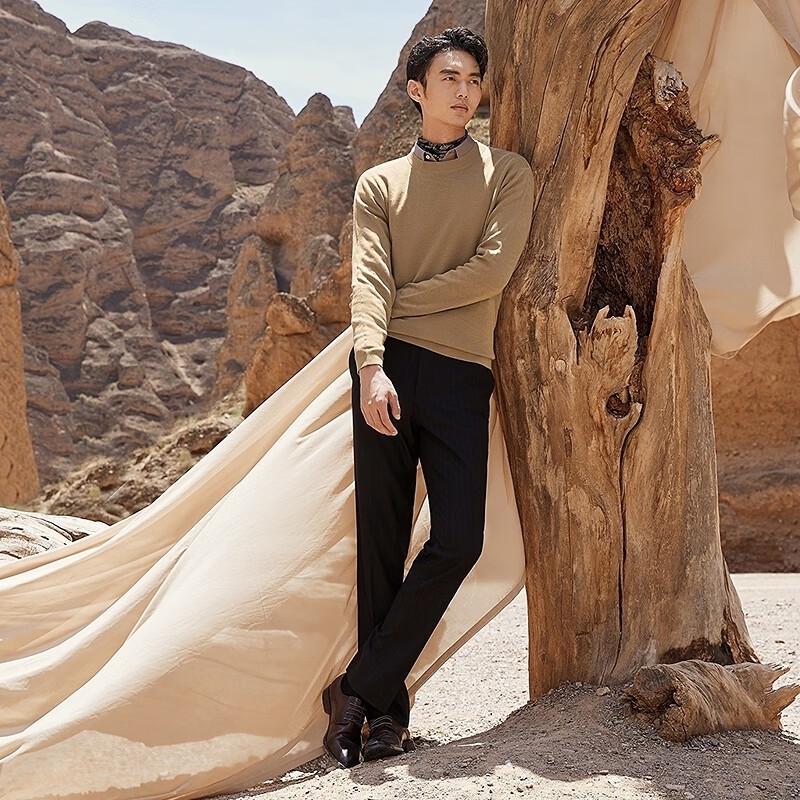 Men's Jacquard Round Neck Wool Blend Pullover Sweater
