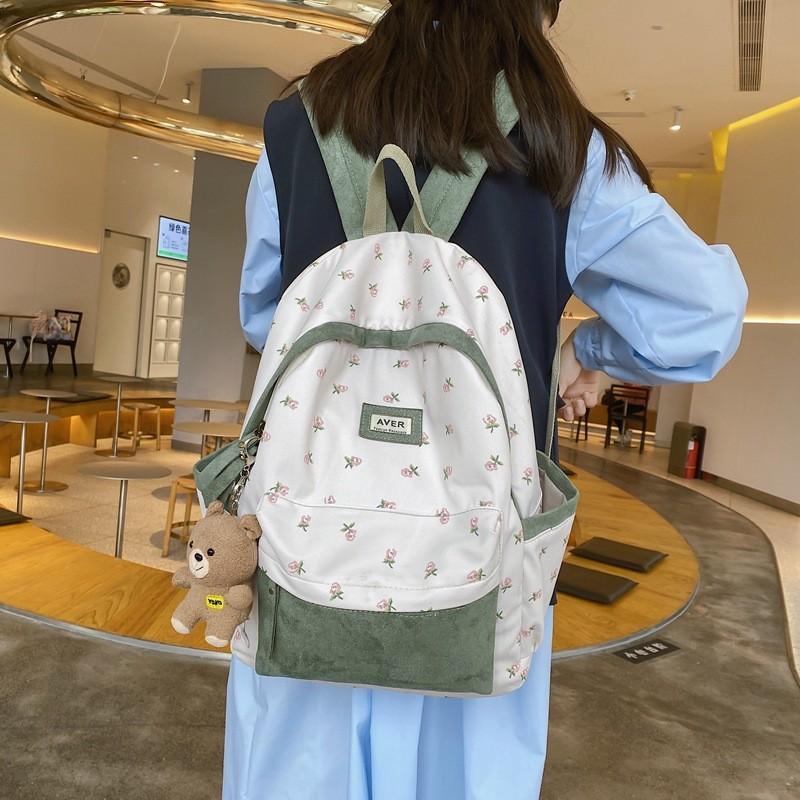 Blocked Fashionable Color Flower Pattern Letter Decor Student Backpack Casual